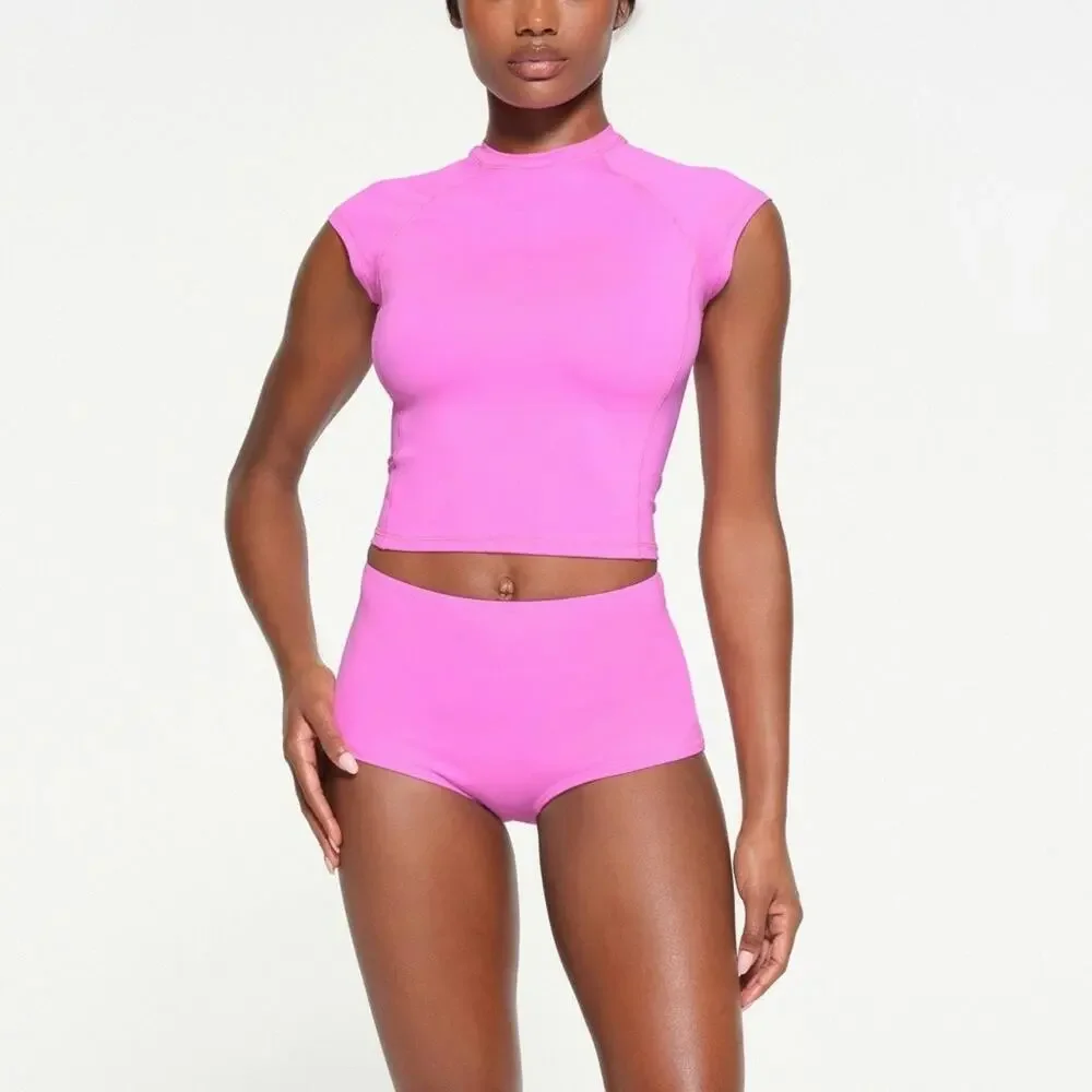 SKIMS Swim Mid Waist Boyshort Bikini Bottoms Recycled Taffy Pink Size Small New